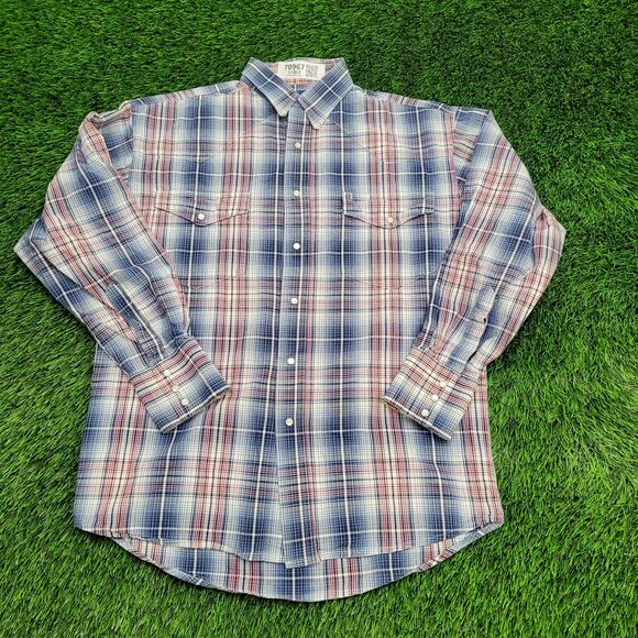 Vintage 70s Wrangler Western Shadow Plaid Shirt Large 21x29 Blue - Picture 1 of 13